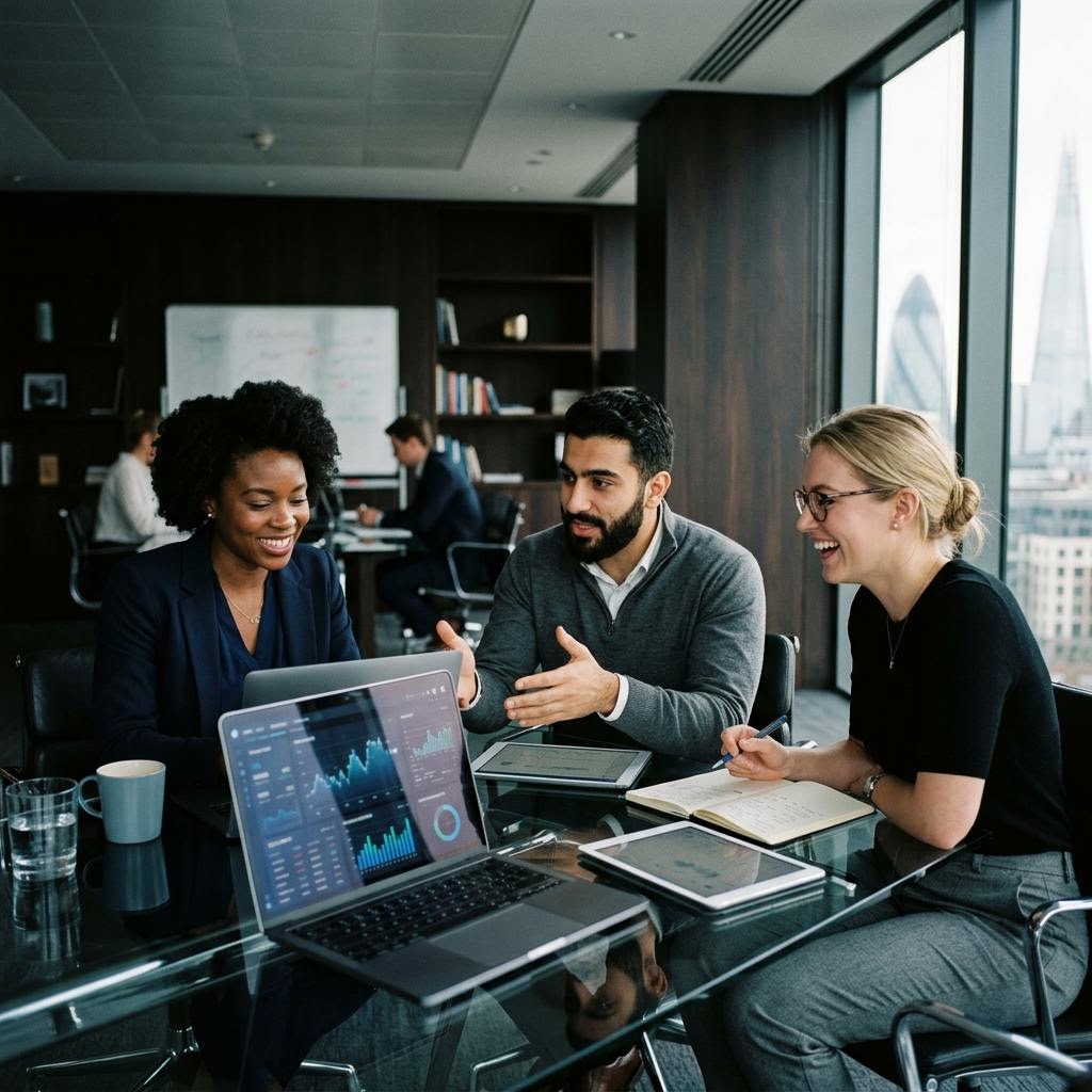 Alpha AI quantitative analysts reviewing cryptocurrency market data on multiple screens