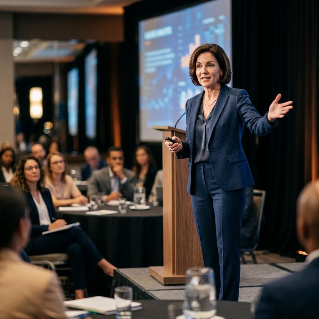 Dr Rachel Hale, Alpha AI chief technology officer, speaking at a conference